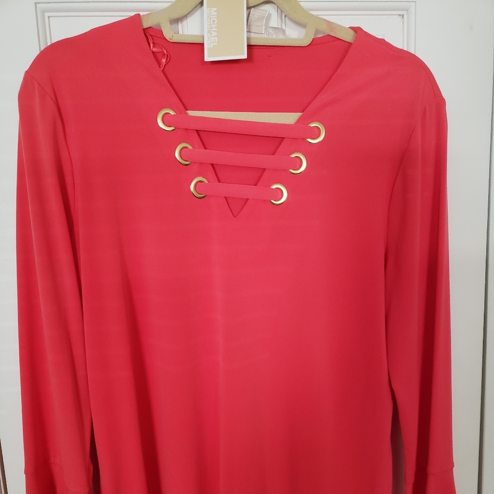 Michael Kors- Size L - Bell sleeved Coral top with gold accent - Never Worn